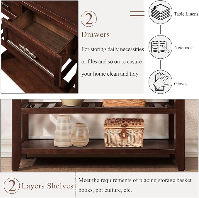 KEIKI 42”L Pine Solid Wood Entryway Console Table with 2 Storage Drawers, Mid-Century Retro Behind Couch Sofa Table with 2 Tiers Open Shelf for Hallway, Entrance, Entry Way, Living Room, Foyer