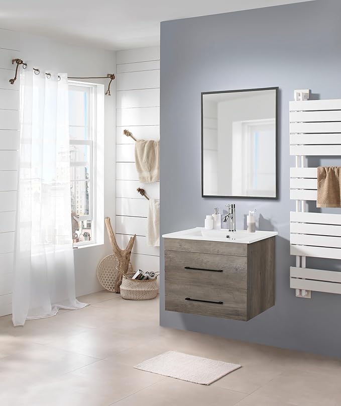 Goujxcy 24" Wall Mounted Bathroom Vanity with Sink, Modern Floating Bathroom Cabinet with Ceramic Sink & Double Drawers, Wood Hanging Bath Room Cabinet with Soft-Close System (Grey)