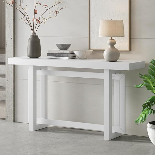 Knocbel Contemporary Console Table with Industrial-Inspired Concrete Wood Top, Minimalist Entryway Table for Hallway Living Room Foyer Corridor, 59.1" W x 15.7" D x 31.7" H (White)