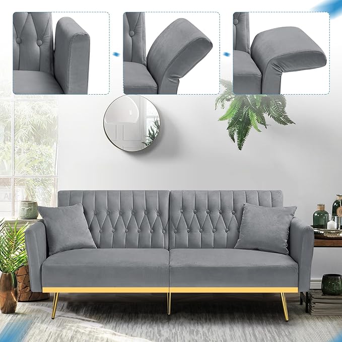 70” Velvet Futon Sofa Bed with 2 Pillows and Adjustable Armrests, Convertible Sleeper Bed W/Adjustable Backrests, Modern Loveseat for Living Room, Bedroom, Light Grey