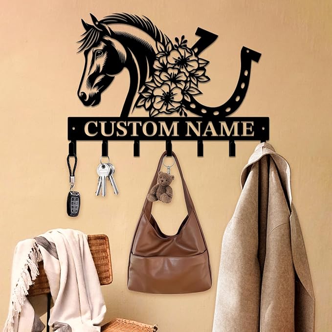 Personalized Custom Name Farm Horse Wall Key Hooks,Metal Horse Art Clothes Hooks,Metal Horse Wall Home Storage Decorative,For Front Door, Hallway, Kitchen, Bedroom,Keys,Hats (Style H)