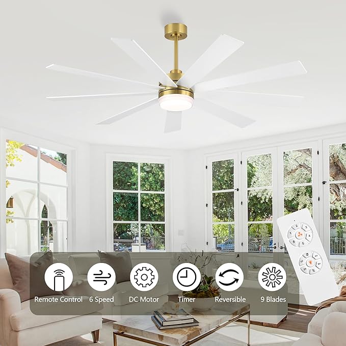 64" Ceiling Fan with Light, 6-Speed Remote Control, Reversible DC Motor, Modern 9 Blades with 4.5"/12" Downrods for Home or Commercial White/Gold