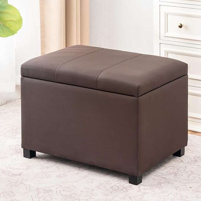 Joveco 24" Leather Storage Ottoman Bench, Rectangle Foot Rest Stool for Living Room, Bedroom, Entryway, Brown