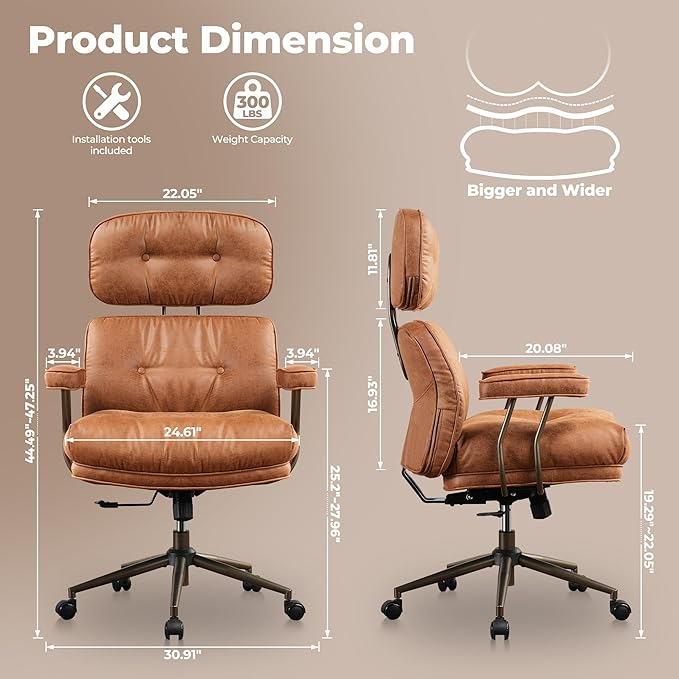 ovios Ergonomic Home Office Chair, Mid-Century Modern Faux Leather Chairs with Thickened Cushions, Comfy High Back Swivel Rolling Executive Computer Armchair (Brown, Suede Leather)
