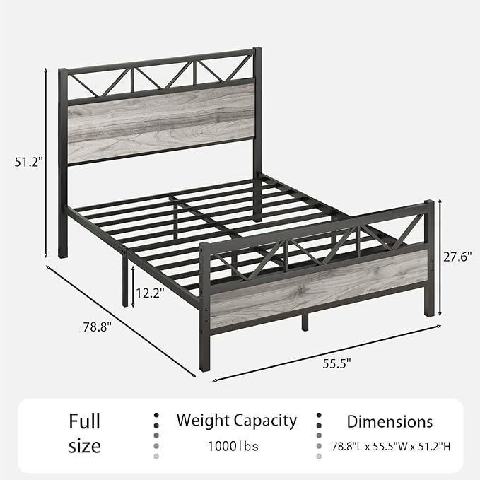 Full Size Bed Frame, 51.2" Tall Industrial Headboard, Full Platform Bed Frame with Strong Steel Slats Support, Noise Free, No Box Spring Needed, Easy Assembly, Wash Grey