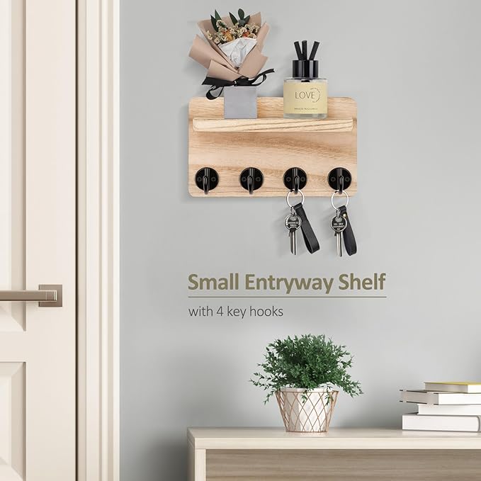 Nekon Key Holder Wall Mount, 8.5 Inch Small Home Decor Wooden Wall Organizer with 4 Hooks and Shelf, Wall Decor for Living Room Entryway Kitchen (Wood)
