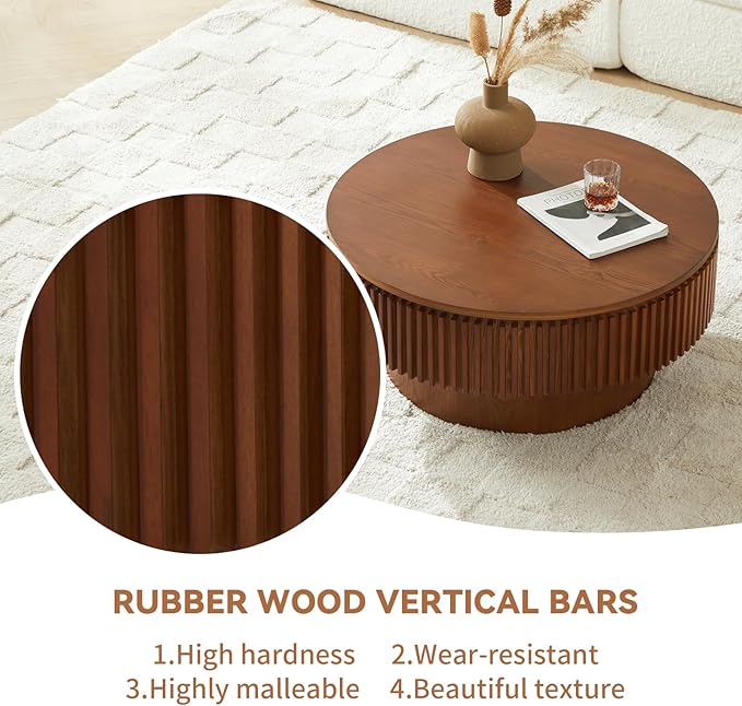 Round Coffee Table for Living Room,Fluted Drum Accent Tea Center Table with Storage,Circle Modern Coffee Tables for Small Space Office Apartment (31.5" L×31.5''W×14''H-Walnut)