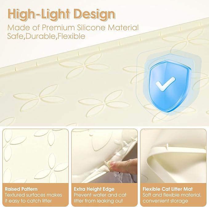 Cat Litter Mat, Large 34" x 22" Litter Box Mat, Waterproof Silicone Litter Mat for Litter Box, Non-Slip, Easy to Clean (Beige)