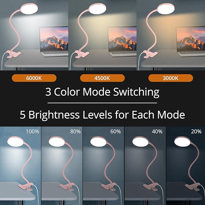 Reading Light with Remote, LED Desk Lamp Clip on [1H Timer & Nightlight] RA>95 Dimmable Flexible Gooseneck, Reading Lamp with Clamp for Table - 4.7'' (Adapter Included)