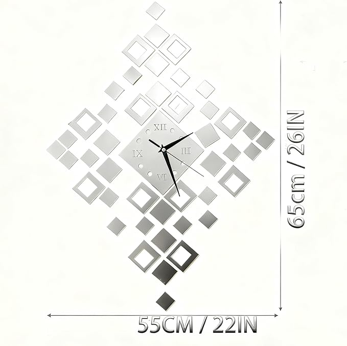 Frameless DIY Wall Clock – Large Modern 3D Mirror Wall Clock with Numbers Stickers, DIY Clock Kit for Home, Living Room, Bedroom, Office Wall Decor (Silver)