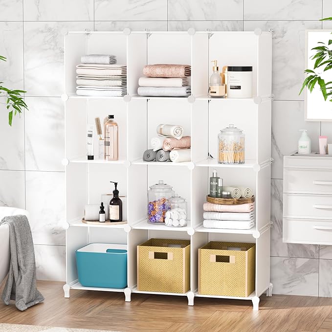 Neprock Closet Organizer, 12 Cubby Storage Organizer,Book Shelf,Clothes Storage,Yarn Storage for Bedroom Organization(White)