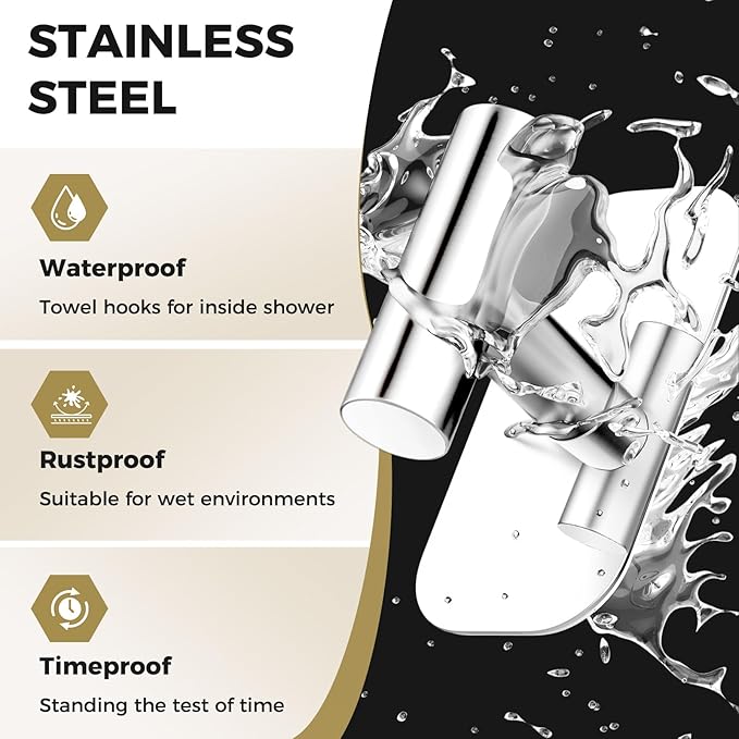 Adhesive Towel Hooks for Shower,Waterproof Heavy Duty Bathroom Hooks,Wall Mounted Sticky Hangers for Coats/Aprons/Robes,No Drilling(Chrome,2 Pack)