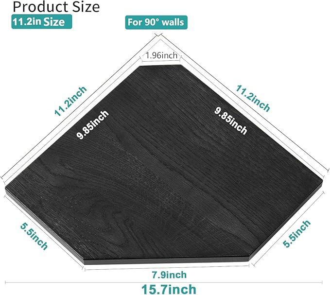 Corner Shelf Wall Mount, Set of 2 Solid Oak Wood Floating Corner Shelves with Wire Hole Display Shelf with Wire Hole Small Plant Display for Kitchen Living Room Bedroom Black