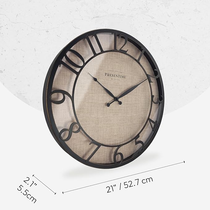 Presentime & Co 21" Farmhouse Series Wall Clock, Cottage Style, Faux Burlap, Oil Rubbed Antique Bronze Finish. Wall Décor for Living Room, Dining Room, and entryway.