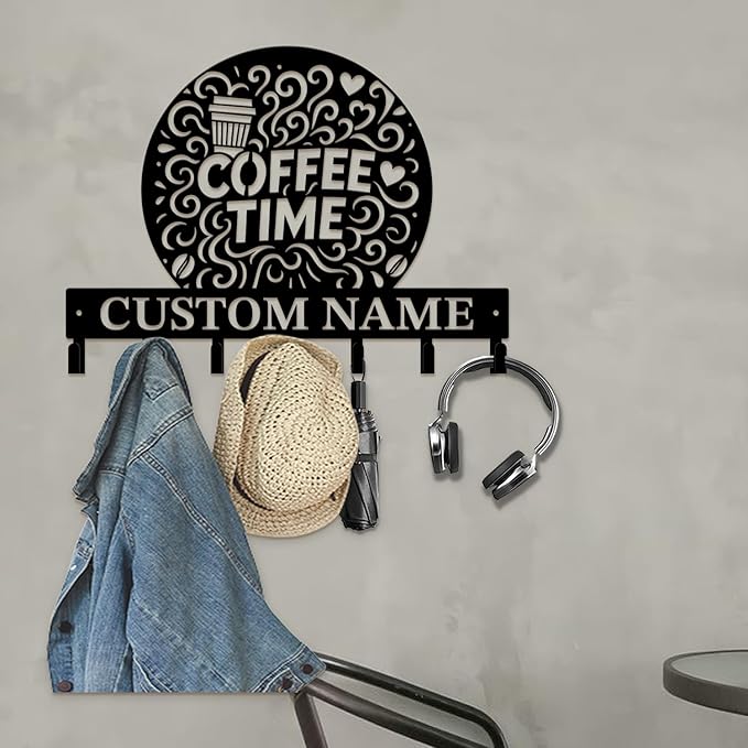 Coffee Bar Keys Holder - Metal Iron Wall Hooks with Custom Name | Personalized Home Decor & Gift Idea | Coffee-Themed Text Engraving Design (Style H)