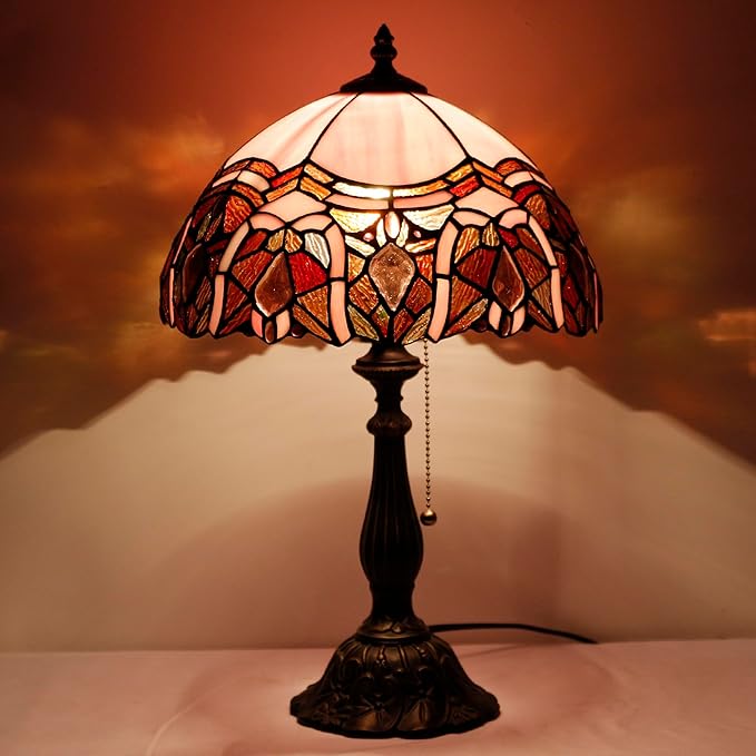 Tiffany Table Lamp Stained Glass Lamp 12X12X19 Inch Antique Reading Light (Pink Jewelry)