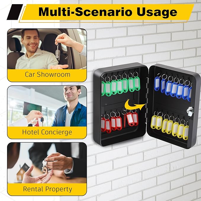 Ripeng 28 Keys Key Holder Wall Mount Steel Cabinet Security Lock Box with Tags and Hooks Key Organizer Wall Safe Storage for Car Office Hotel House Rental Business