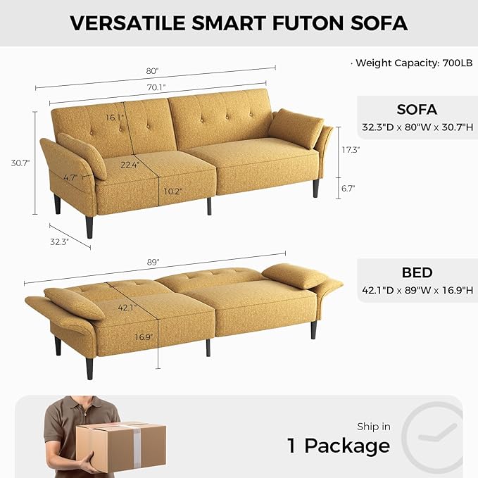 89” Futon Sofa Bed,Comfy Futon Couch Bed with 2 Square Pillows,Convertible Sleeper Sofa with Adjustable Backrest& Armrests, Modern Loveseat Sleeper for Living Room, Bedroom, Linen Yellow