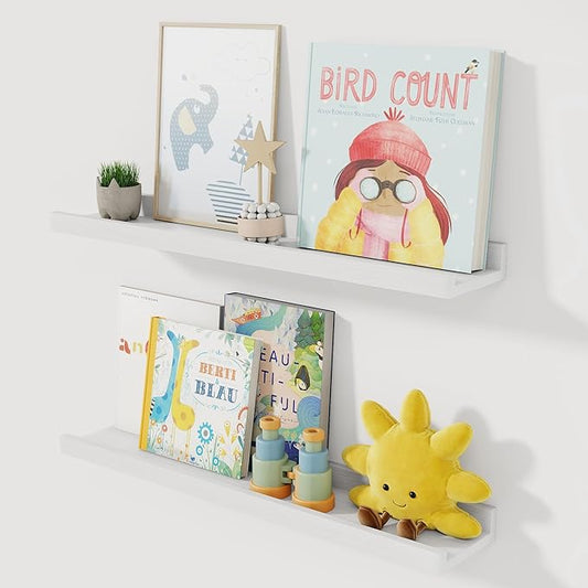 Solid Ash Wood Picture Ledge Shelf, 24 Inch Floating Shelves with Lip Set of 2, Photo Ledge Shelf Nursery Bookshelf Wall Mounted for Living Room Bedroom Decor, White