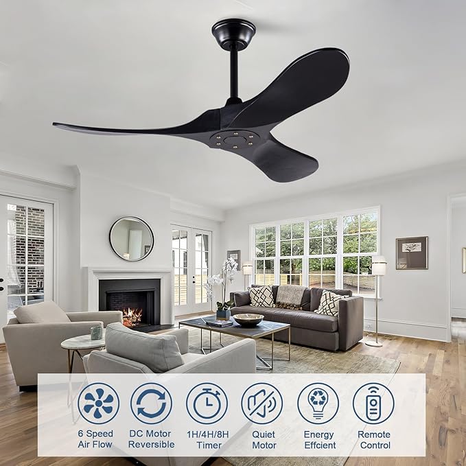 42 Inch Solid Wood Ceiling Fan with Remote,Black Ceiling Fan no Light,6 Speeds,Noiseless,Reversible DC Motor,Modern Ceiling Fans without Lights for Outdoor Indoor Bedroom Farmhouse,Patios