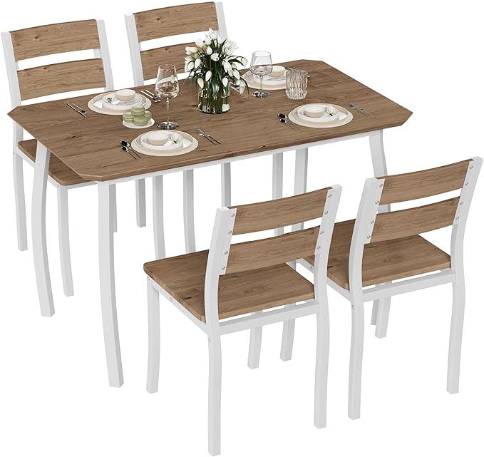 5 Piece Dining Table Set for 4, Space-Saving Kitchen Table with Wooden Seat Chairs, Modern Angled Corner Design, Compact Dinner Set for Small Spaces, Apartment, White & Wood Grain Color