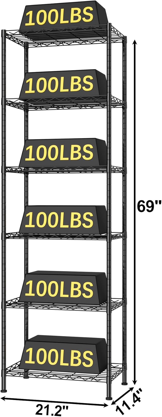 HOMEFORT 6-Shelving Unit, Adjustable Wire Shelving, Metal Wire Shelf Rack Organizer for Kitchen, Pantry, Closet, Bathroom, Laundry, Black,21" W x 11" D x 69" H