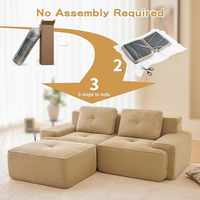 80" Modern Corduroy Boneless Love Seat Couches with 1 Ottoman, 2 Seater Large Sectional Couches for Living Room, Camel Cloud Modular Sectional Sofa, Memory Foam, Extra Deep Loveseat, No Assembly