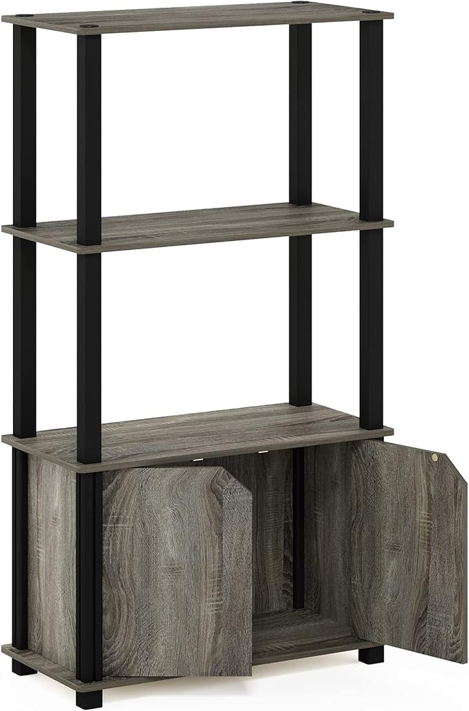 Furinno Brahms 4-Tier Multipurpose Bookcase/Bookshelf/Display Shelf/Display Rack with Door, French Oak Grey/Black