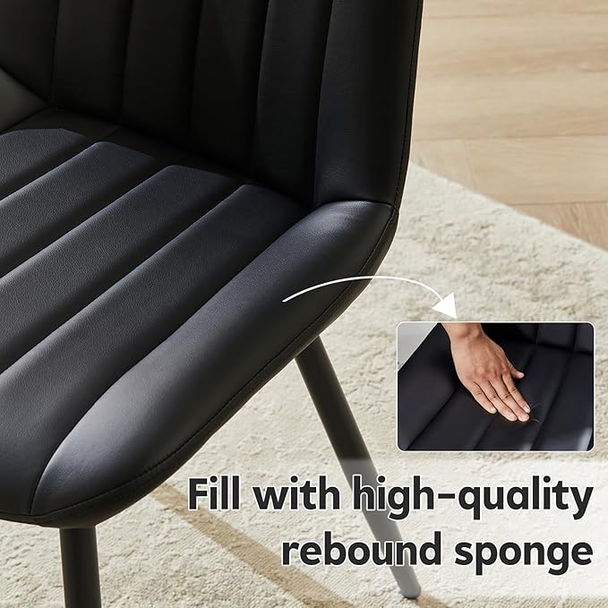 Dining Chairs Set of 6, Faux Leather Modern Linear Design Dining Chair with Metal Legs, 16.9" Seat Width Chair for Kitchen, Lounge, Reception Room, Restaurant, Commercial (Black)