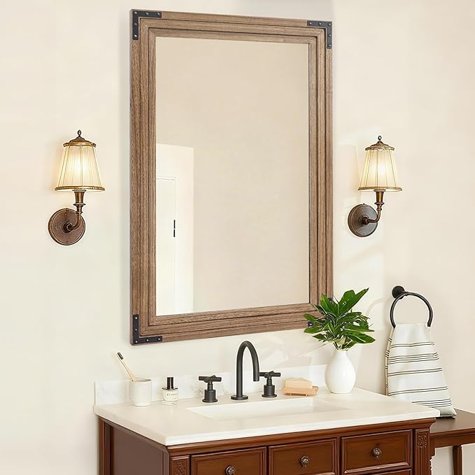 Full Length Mirror 36"x24" Solid Wood Frame Floor Standing Mirror, Hanging or Leaning Wall-Mounted for Living Room, Bedroom, Oak Color