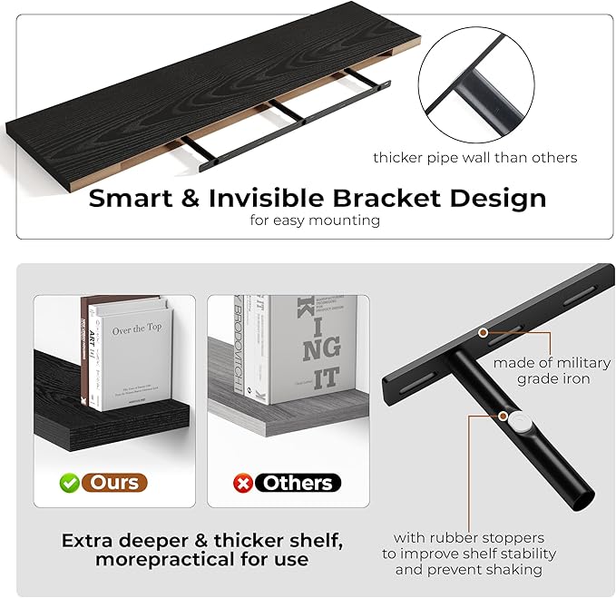 Fun Memories 55 Inch Floating Shelves for Wall, Fireplace Mantel Shelf with Invisible Heavy Duty Bracket, 8 Inch Deep Storage Shelf for Living Room, Kitchen, Farmhouse, Black (2-Pack)