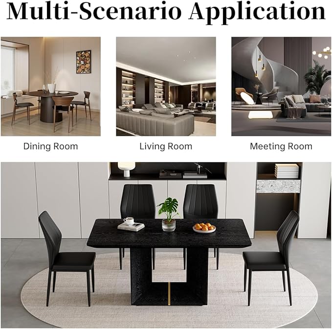 63" Modern Black Dining Table Set for 6 with Chairs, 7 Piece Rectangular Dining Room Table and 6 PU Leather Chairs, Kitchen Dining Set with Matte Wood Finish, Geometric Base, Easy Assembly