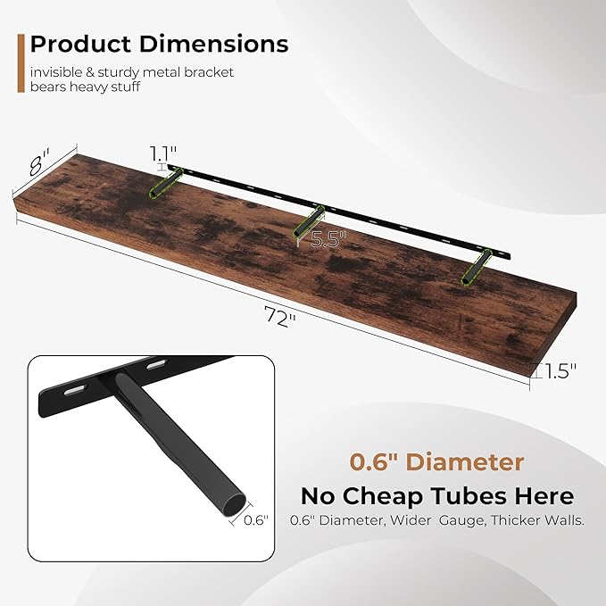 Fun Memories 72 Inch Floating Shelves for Wall, Fireplace Mantel Shelf with Invisible Heavy Duty Bracket, 8 Inch Deep Storage Shelf for Living Room, Kitchen, Farmhouse, Brown (2-Pack)