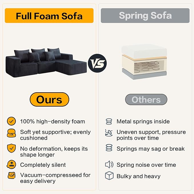 Boneless Sectional Sofa, 100.7" Cloud Couch with Wide-Wale Corduroy, Deep Seat L Shaped Couch, All-Foam Filled Compressed Sofa for Living Room (Black, Corduroy)