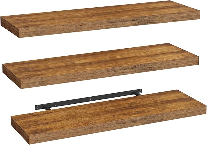 Floating Shelves for Wall, 1.5" Thick Wall Shelf Set of 3 with Invisible Bracket, L47.2 x W7.9 Hanging Shelves Farmhouse Home Decor for Bathroom, Living Room, Bedroom, Rustic Brown 12301BJP3BF