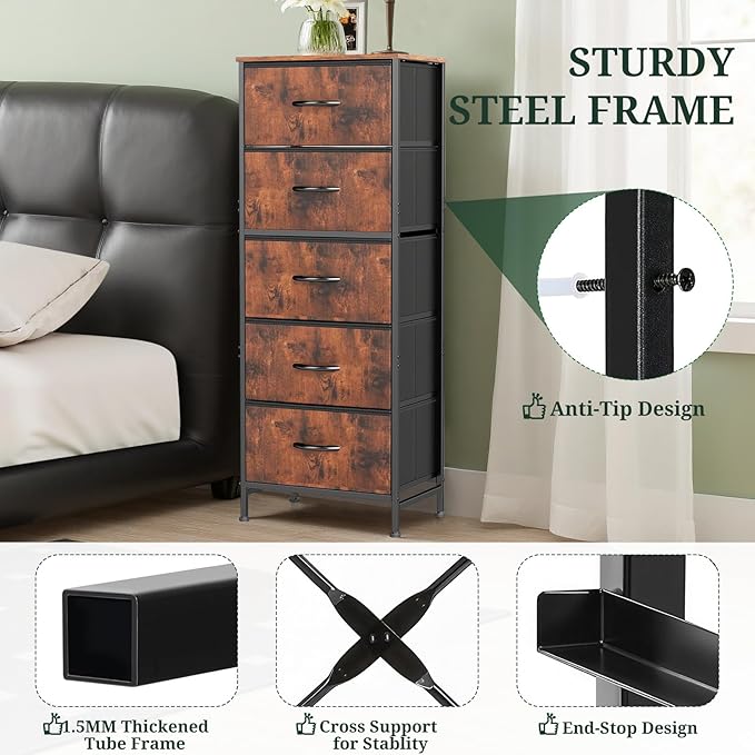 Nightstand, 5 Drawer Dresser End Table Bedside Furniture with Wooden Top Steel Frame Fabric Bins for Bedroom, Closet, Entryway, Dorm, Living Room, Brown