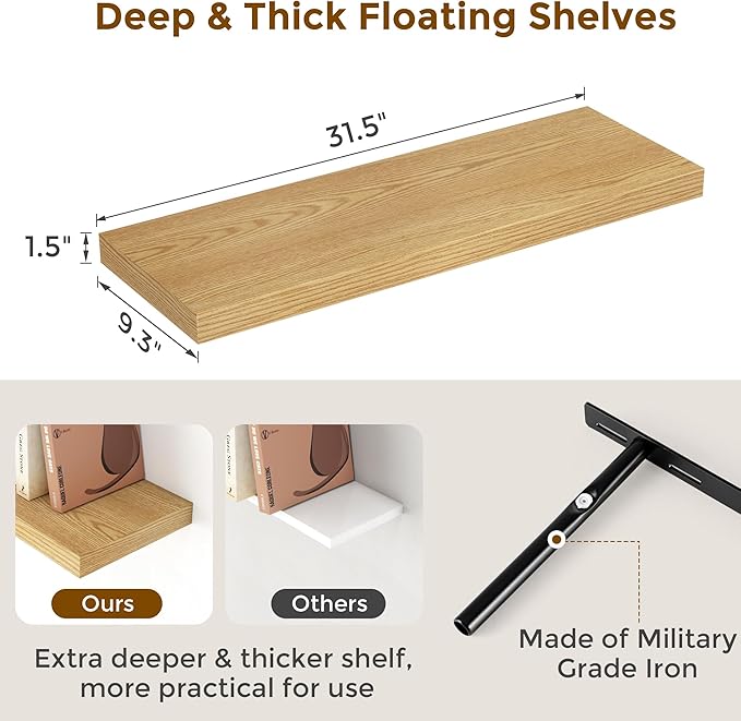Fun Memories 32 Inch Floating Shelves, Wall-Mounted Bathroom Shelves Set of 2, 9.3 Inch Deep Floating Shelf Bookshelf for Living Room, Bedroom, Heavy-Duty Deep Storage Shelf for Wall, Oak Color