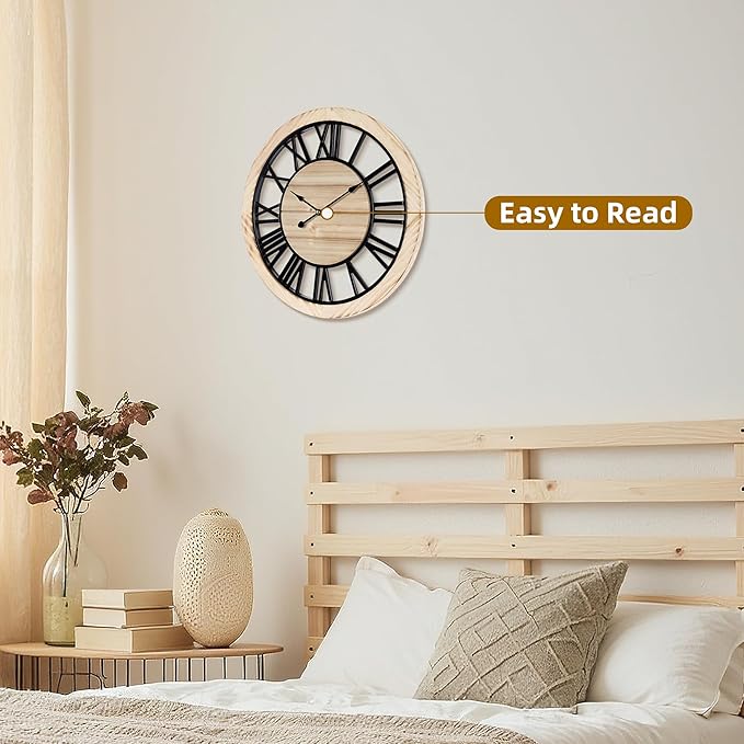 Maxstar 16'' Wall Clock for Living Room Decor, Ultra-Silent Rustic Wooden Farmhouse Wall Clock with Metal & Real Wood Frame, Battery Operated, for Kitchen Bedroom Office, Roman Numerals