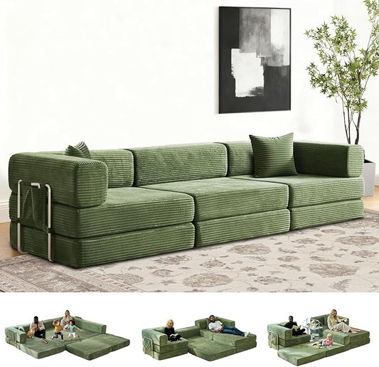 Folding Sofa Bed Convertable Corduroy Couch King Size Floor Sleeper 4-in-1 DIY Combination Modular Sofa Fold Out Futon Lounge Comfy Foldable Lazy cama for Living Room (Green)