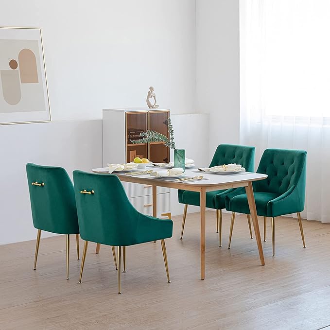 Modern Dining Chairs Set of 6, Mid Century Velvet Upholstered Chairs with 5.12' Cushions, Golden Legs and Back Pull Rod, for Kitchen, Living Room (Green)