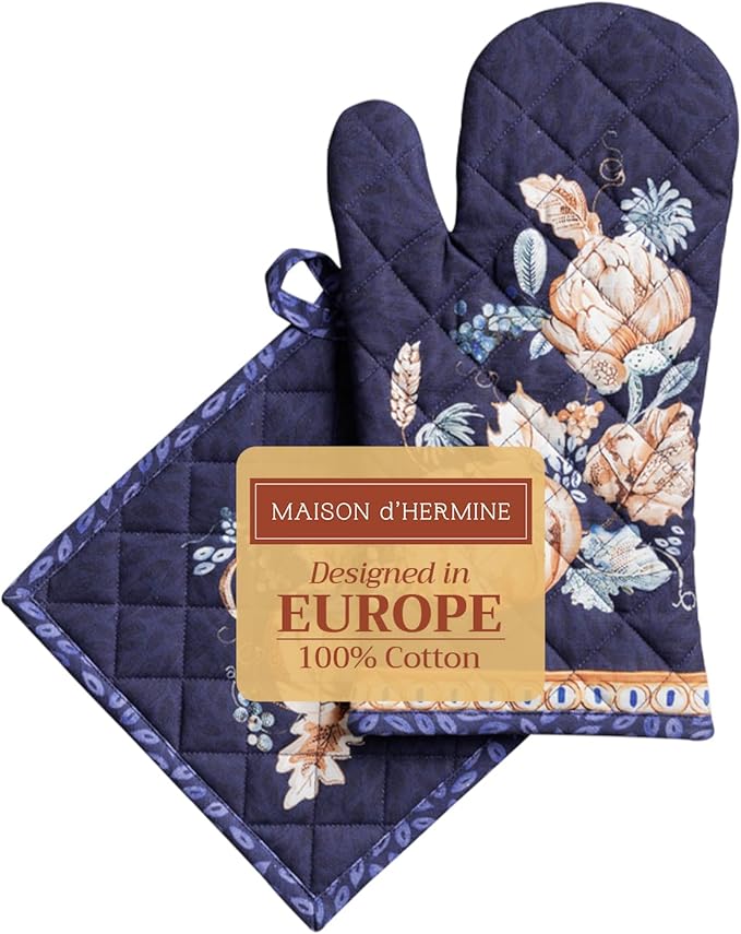 Maison d' Hermine 100% Cotton Oven Mitt & Pot Holder Set (7.5"x13" & 8"x8") Heat Resistant BBQ Cooking Gloves with Loop for Thanksgiving Christmas Decorations Handling Hot Pans (Pumpkin Blues)