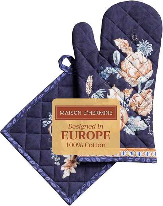 Maison d' Hermine 100% Cotton Oven Mitt & Pot Holder Set (7.5"x13" & 8"x8") Heat Resistant BBQ Cooking Gloves with Loop for Thanksgiving Christmas Decorations Handling Hot Pans (Pumpkin Blues)