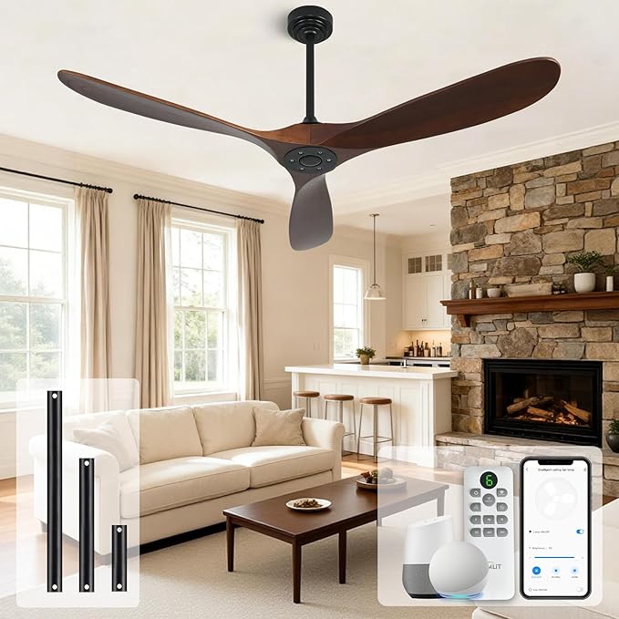 Outdoor Ceiling Fan Without Light, 60 Inch Smart Ceiling Fan with Remote & Voice Control for Alexa/Google, 3-Blade Wood Fan, Quiet DC Motor, 6 Speeds for Patio, Porch, Farmhouse, Dark Walnut