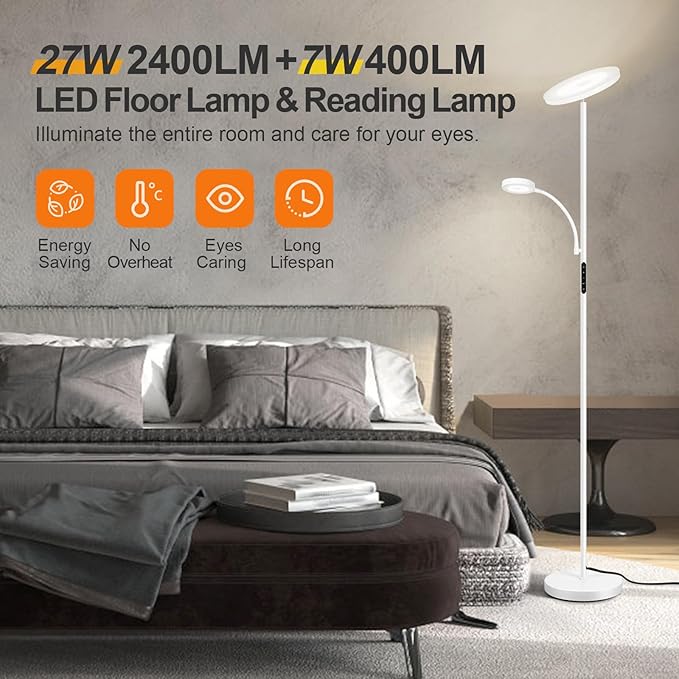 OUTON LED Floor Lamp, 27W/2400LM Modern Torchiere & 7W/ 400LM Reading Lamp, Bright Dimmable Standing Tall Lamp with 4 Color Temperature, Remote Touch Control for Living Room Bedroom Office, White