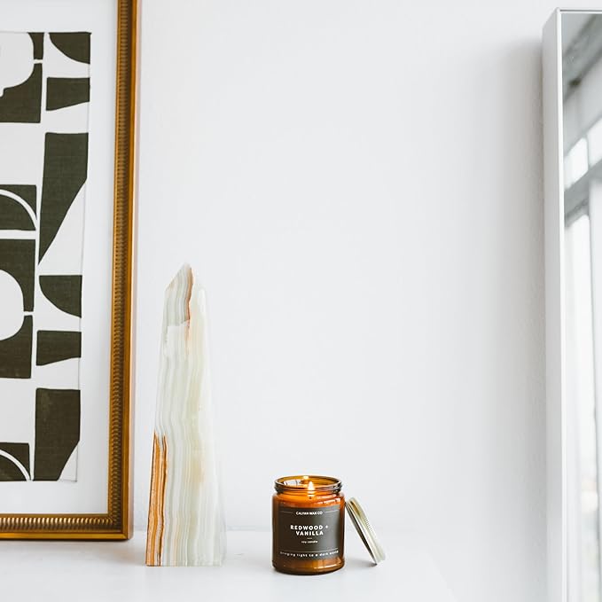 Calyan Wax Co. Redwood & Vanilla Scented Candle - 57 Hour Burn - Luxury Non Toxic Soy Wax Candles - Long Lasting Amber Glass Jar Candle for Home - 7.2oz