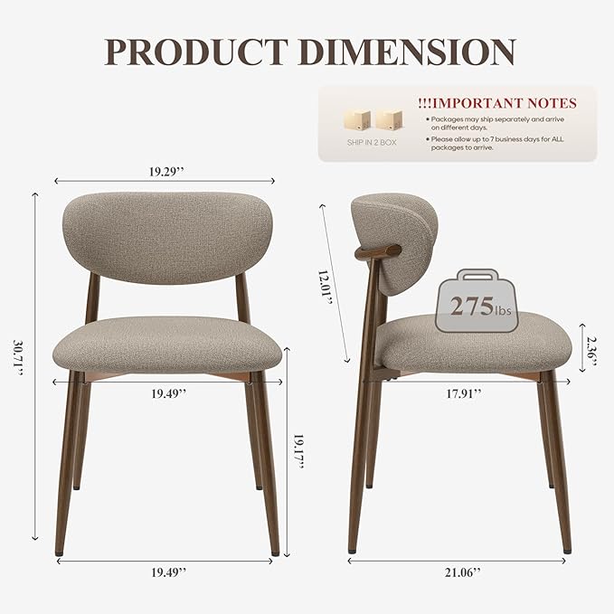 Dining Chairs Set of 4, Upholstered Dining Room Chairs with Metal Legs and Anti Slip Pads, Curved Back Kitchen Chair for Home and Restaurant Use, Camel