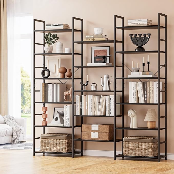 NUMENN Triple Column 6 Tier Bookshelf, Bookcase with 17 Open Display Shelves, Adjustable Rustic Industrial Style Book Shelves, Modern Bookshelves for Bedroom, Living Room and Home Office, Black