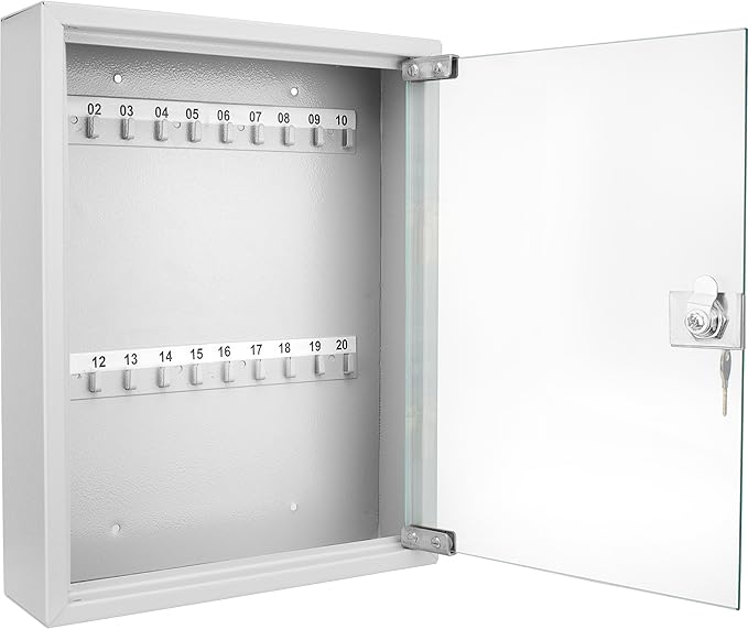 Barska Key Lock Box with Glass Door – Wall Mount Steel Key Cabinet Organizer with Labeled Hooks and Colored Key Tags for Home, Office, Property Management