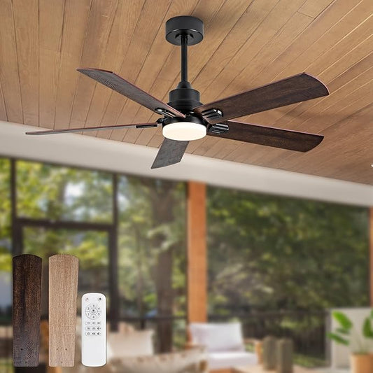 42 Inch Black Outdoor Ceiling Fans with Lights and Remote, Dimmable 5 Blade Outdoor Ceiling Fans for Patios, Black Ceiling Fan with Light for Bedroom Indoor Living Room