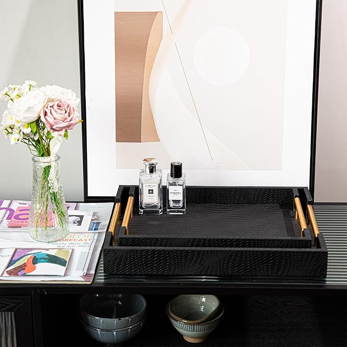 2 Piece Woven Leather Ottoman Tray with Gold Handles, Perfect Rectangular Serving Tray for Living Room, Coffee Table Tray as Thoughtful Gift for Home Decor Enthusiasts (Black)